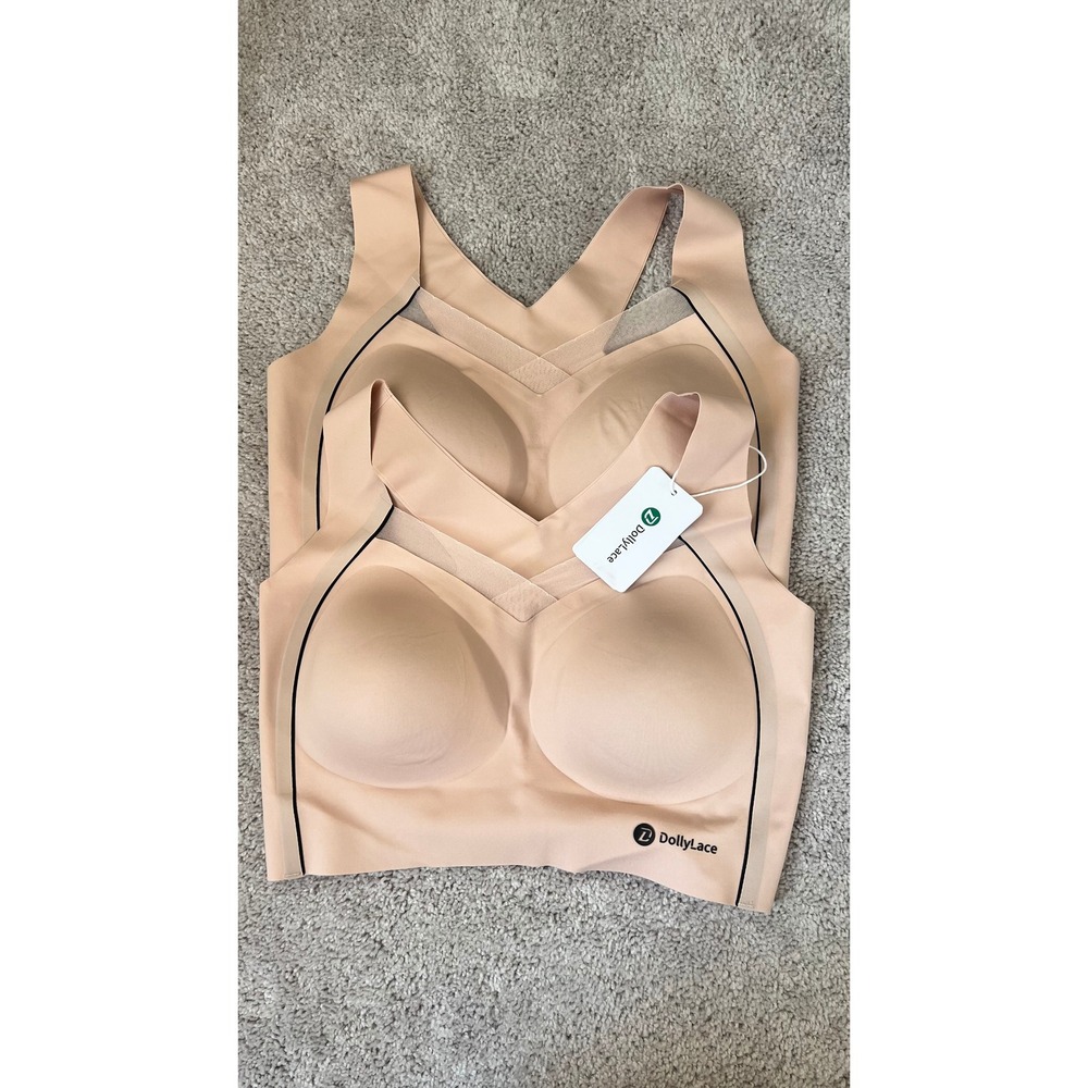 DollyLace 2 Pack Seamless Wireless Bras Nude Beige XL Mesh V-Neck Bralette